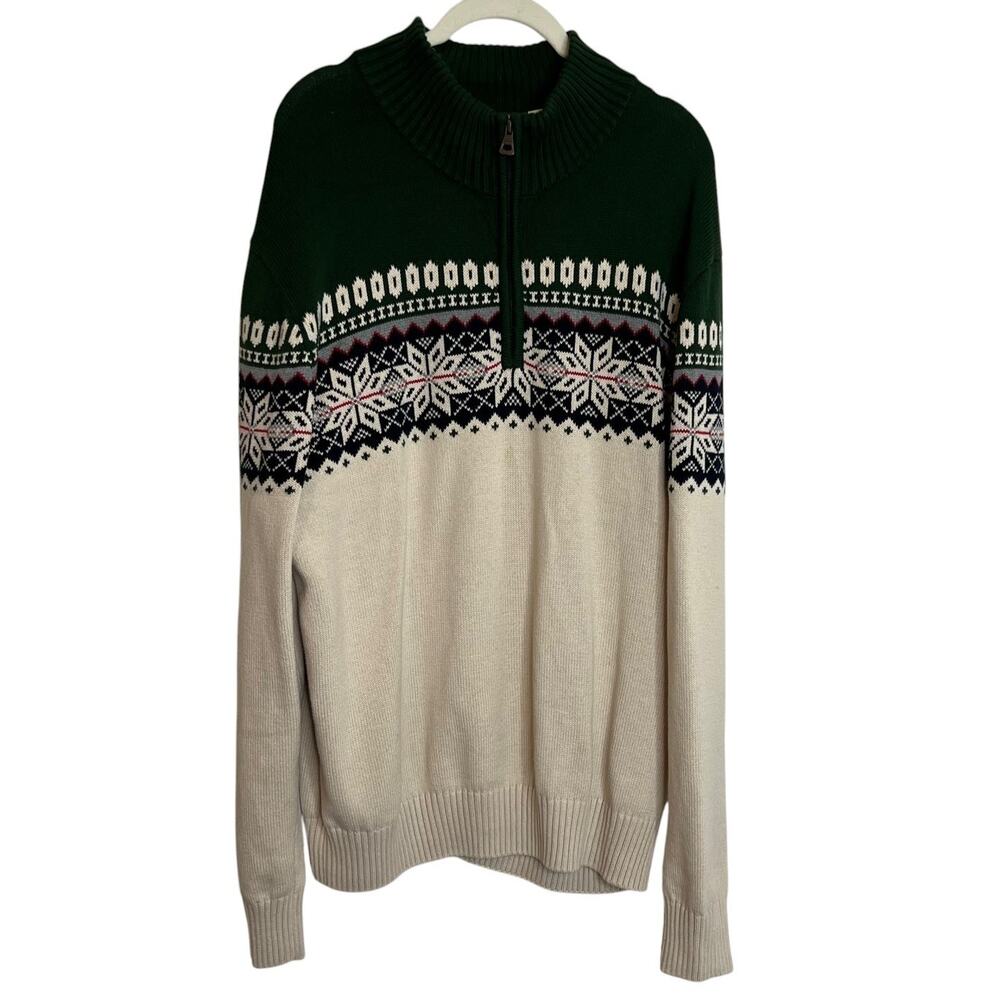 Weatherproof Vintage Mens Quarter Zip Sweater XL Green Beige Fair Isle Cotton